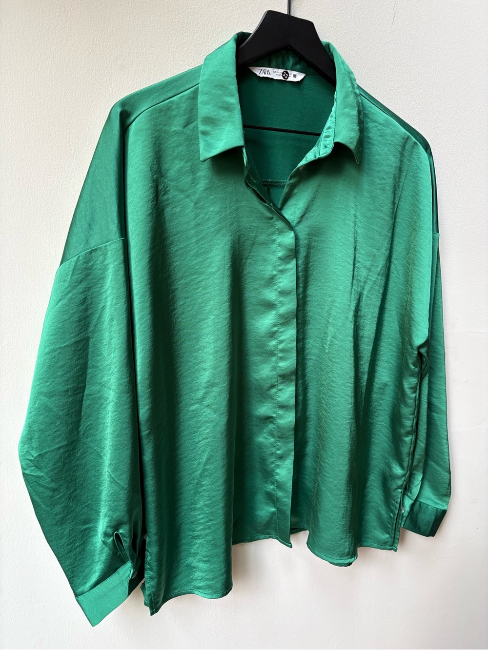 Zara Green Satin Oversized Button-Up Blouse
